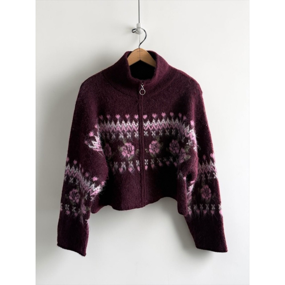 Wild Fable Burgundy Floral Fair Isle Fuzzy‎ Full Zip Cropped Sweater Mock Neck L
